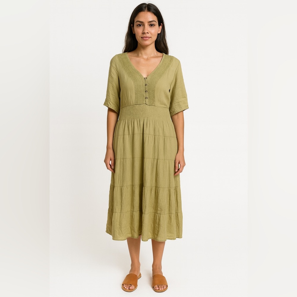 Kings Road Olive Green Crochet Top Smocked Waist Midi Dress L OO